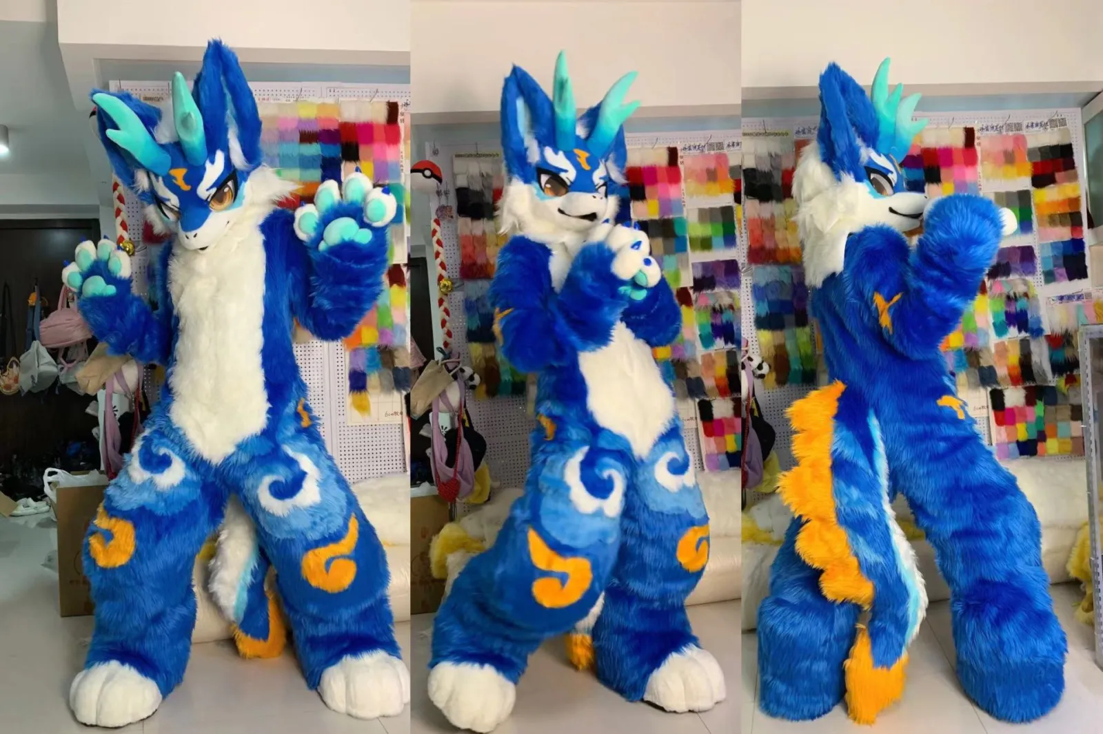 Blue & white dragon fursuit (multiple angles)