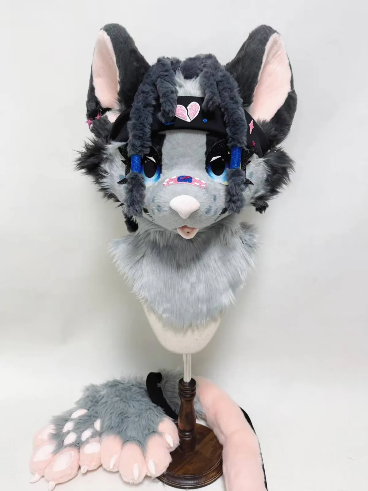 Grey & pink cat-fox fursuit with heart headband