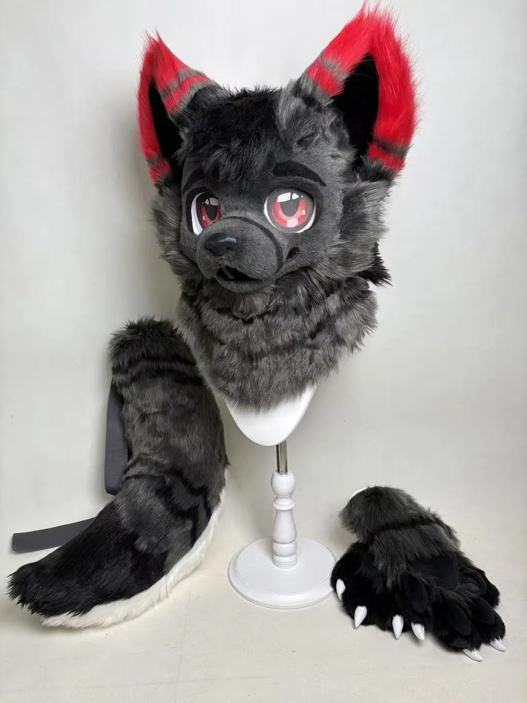 Black, grey & red-eared wolf fursuit