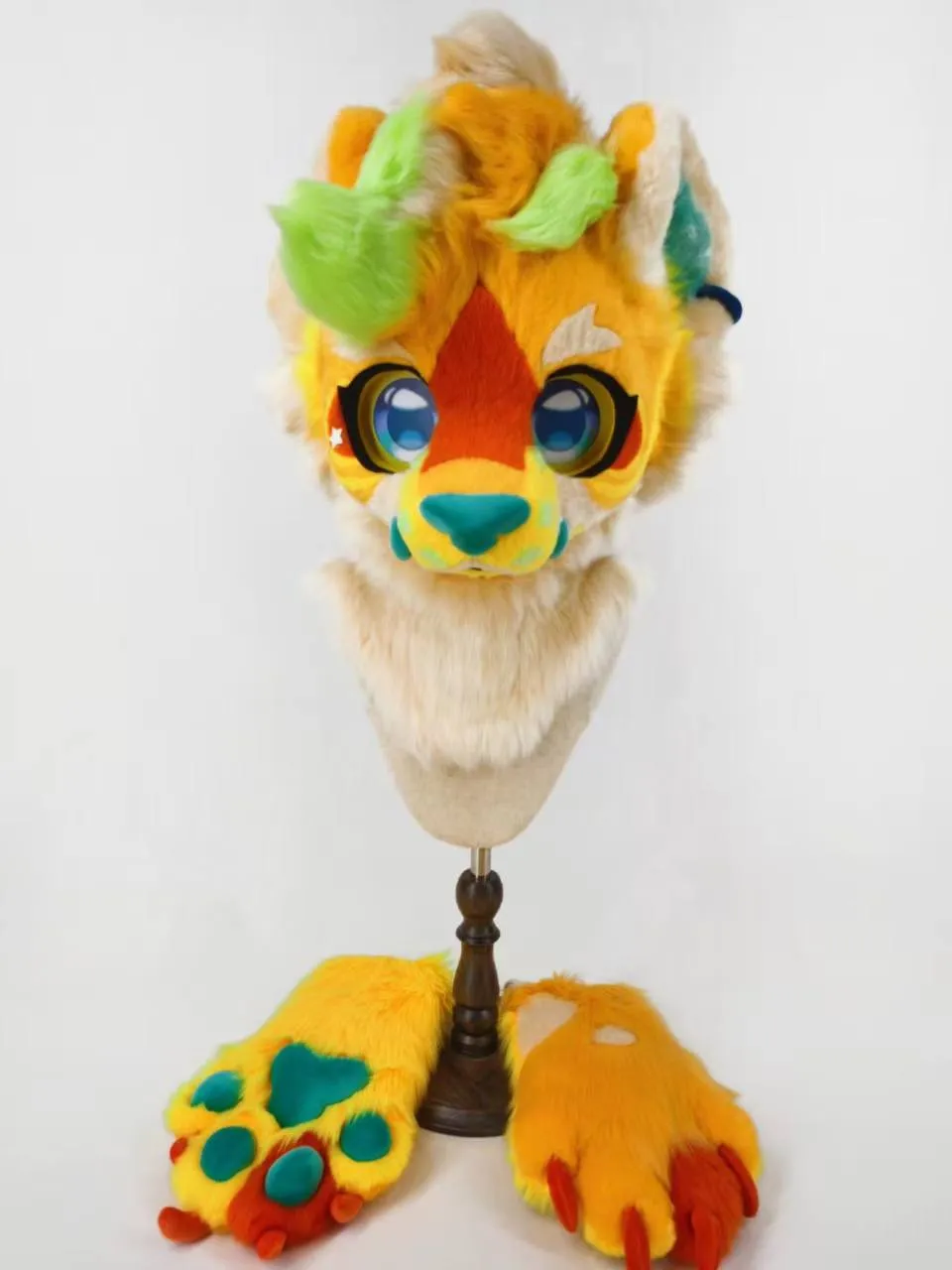 Orange, yellow & green lion-like fursuit