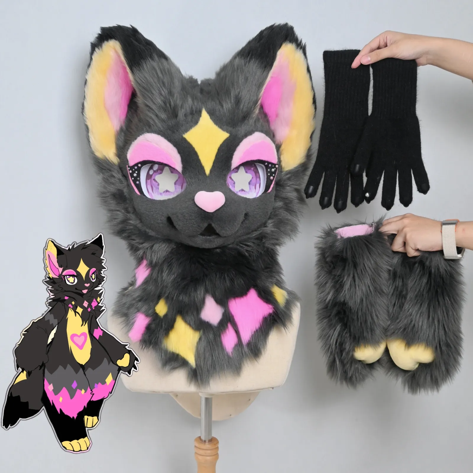 Black, grey, pink & yellow diamond fursuit with gloves