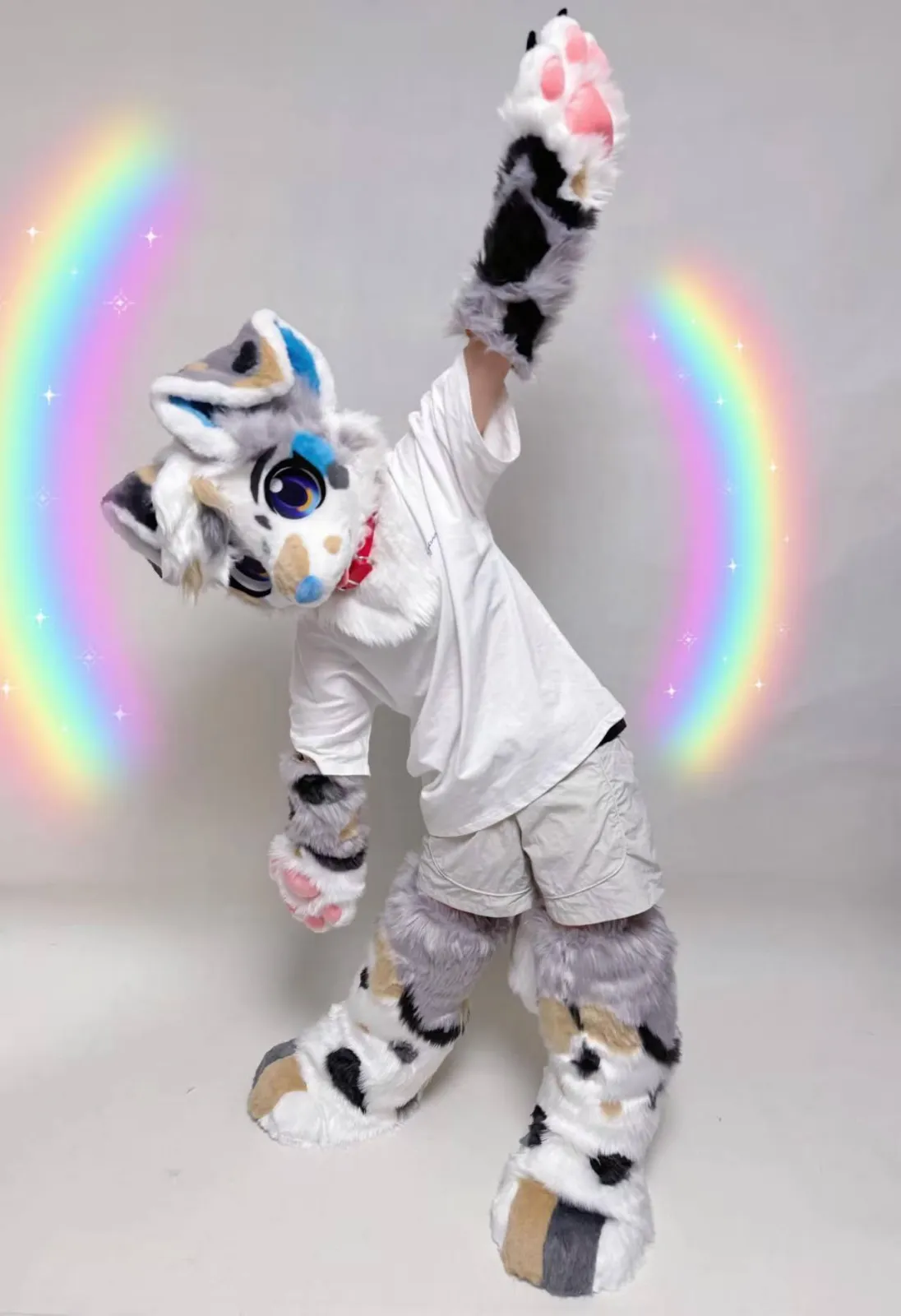 White, grey & black spotted meteor fursuit (half suit)