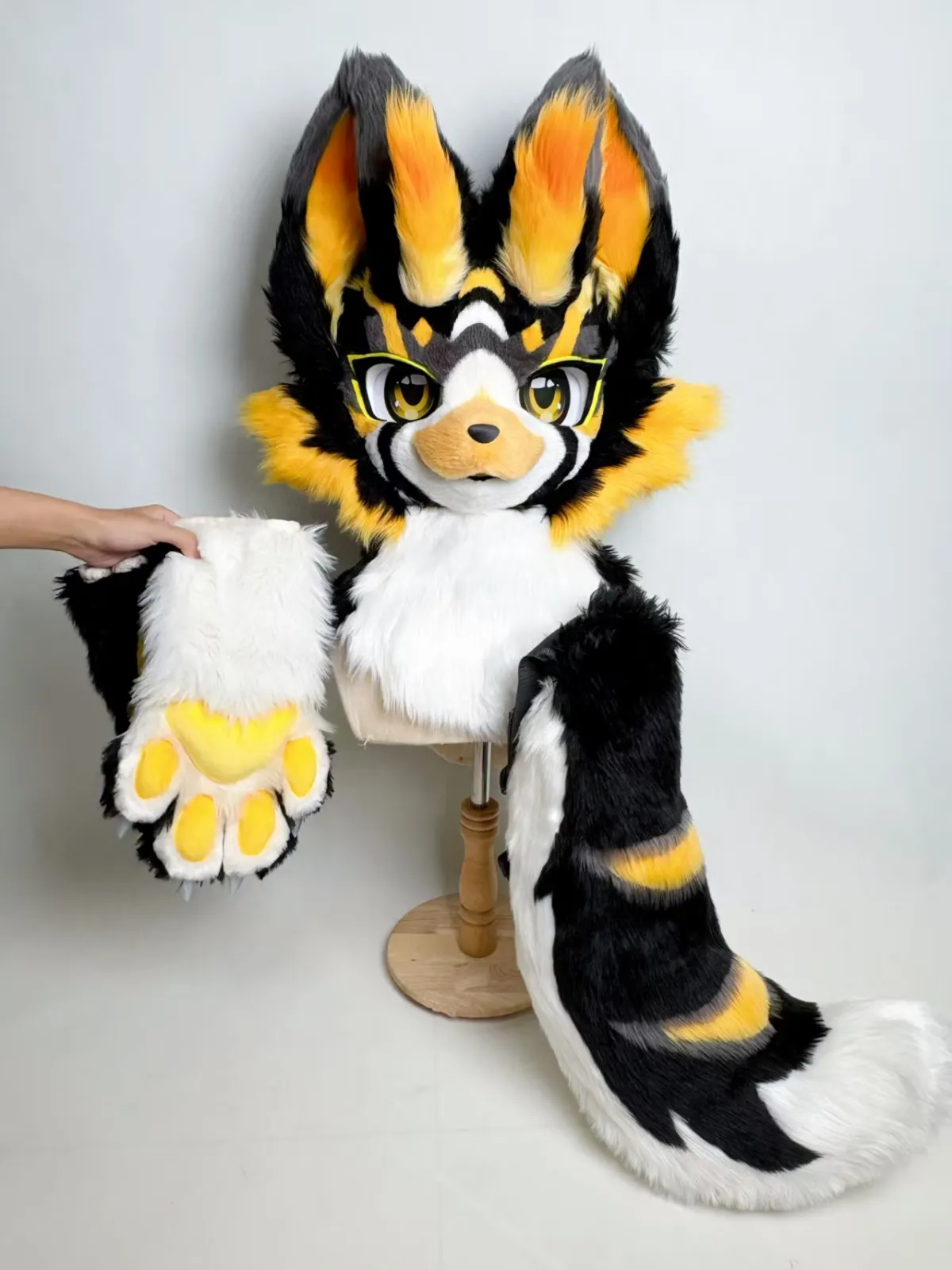 Yellow, black & orange fox fursuit with long tail