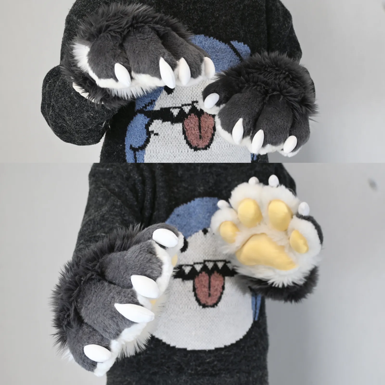 Grey wolf paws with white claws and yellow pads
